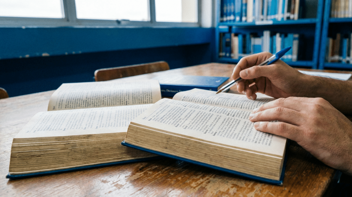 Pessoa consulta dicionários abertos em biblioteca para resolver a dúvida de português entre box ou boxes