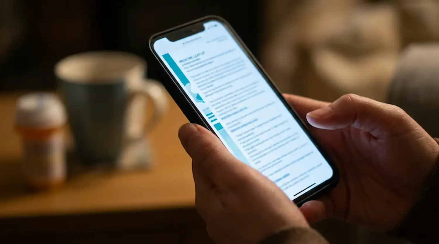 Pessoa acessa bula digital em smartphone durante consulta sobre medicamentos.