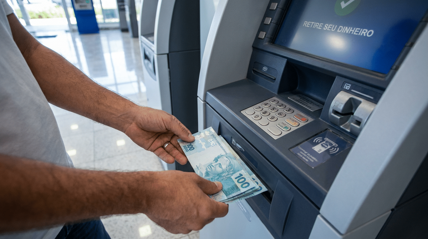 Mãos masculinas retirando cédulas de R$100 azuis com efígie da República em terminal de autoatendimento.