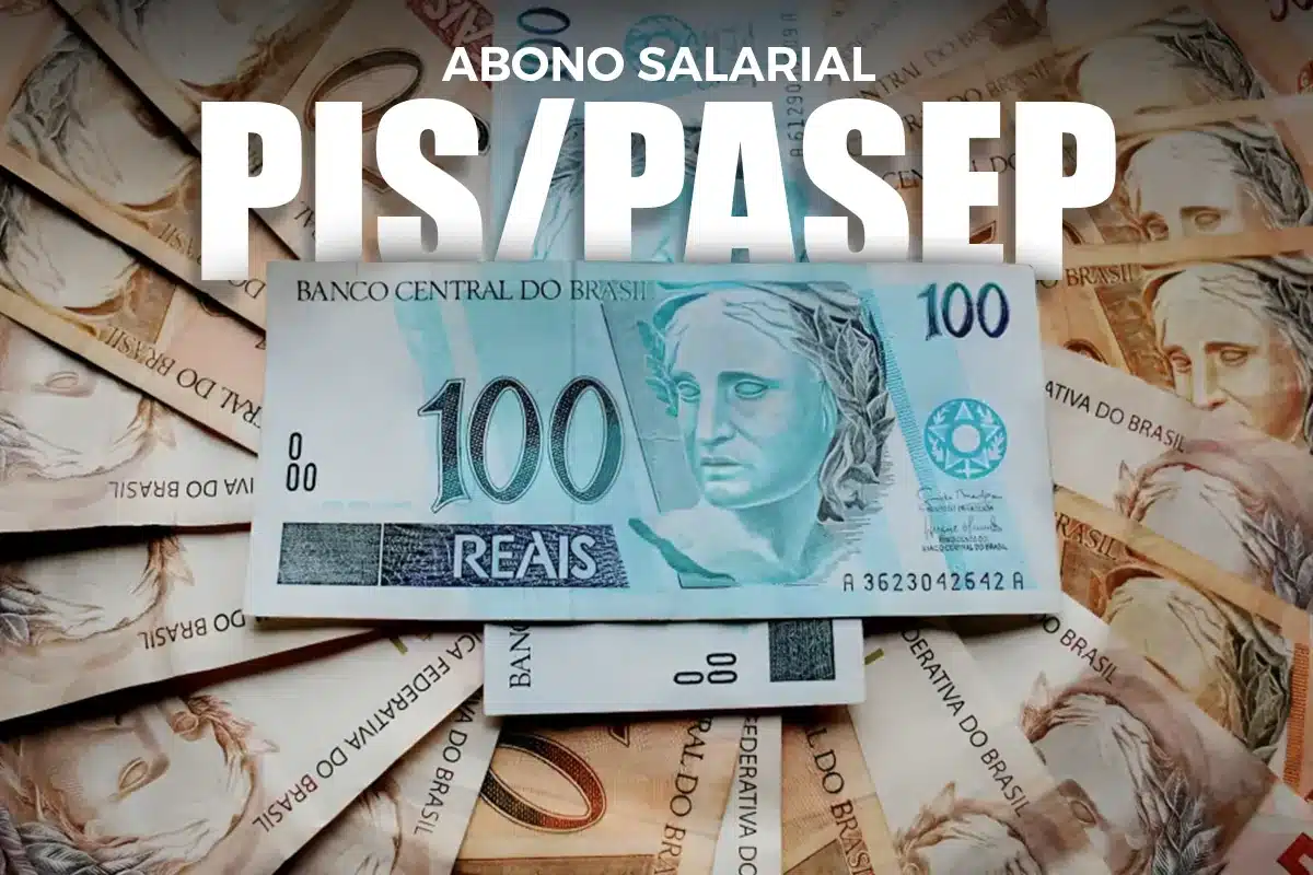 Notas de reais e arte do Abono Salarial PIS/PASEP 2026, representando o calendário de pagamentos, com liberação a partir de 15 de junho para trabalhadores nascidos entre julho e agosto.