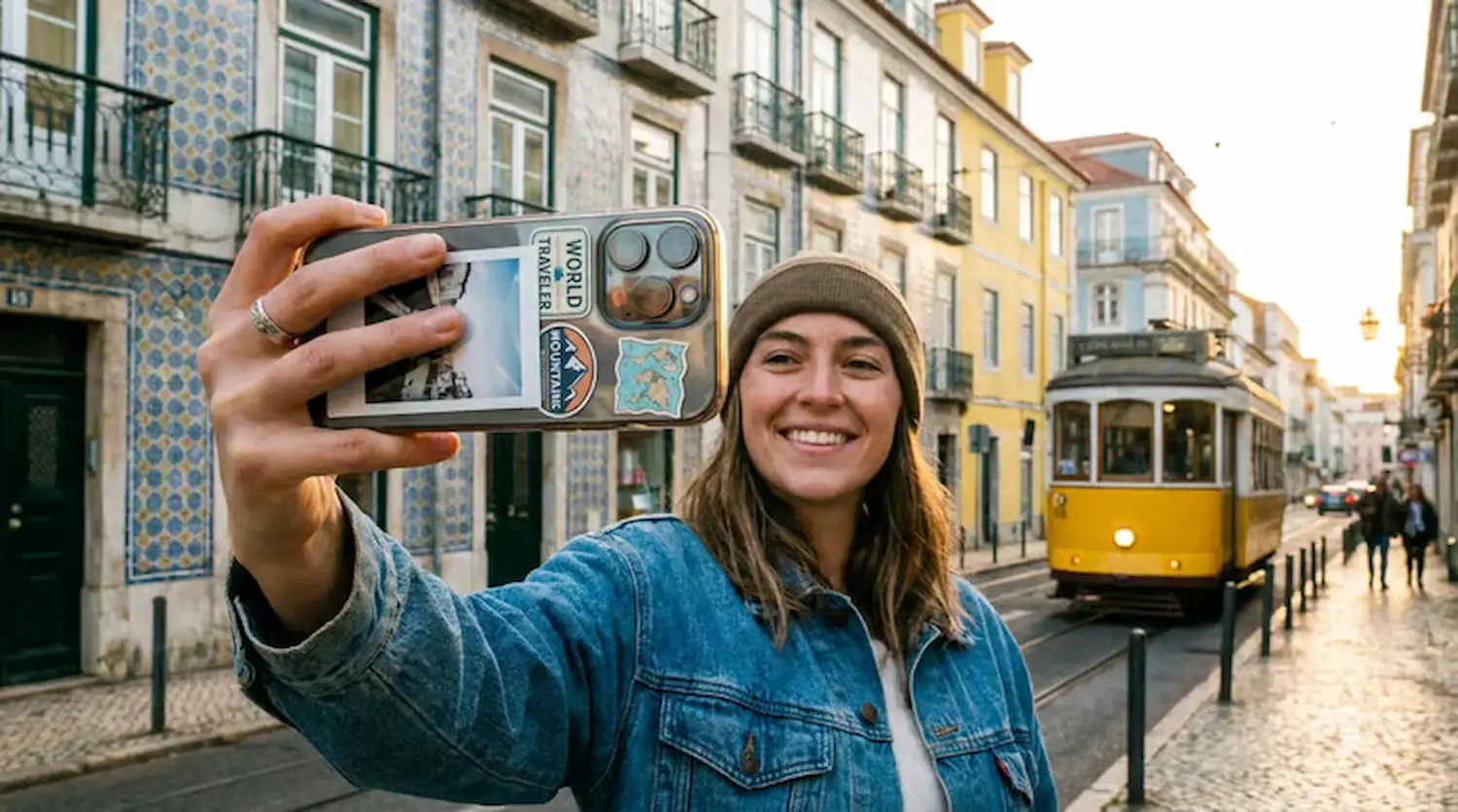 Mulher sorrindo tirando selfie com iPhone em rua urbana, demonstrando uso da câmera.