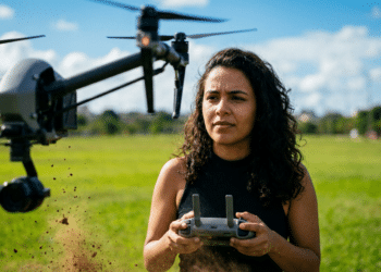 Mulher opera um drone com controle remoto em campo aberto, representando a carreira de piloto de drone que pode pagar mais de R$ 10 mil