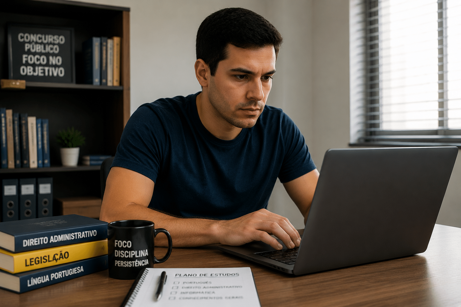 Homem de camiseta azul escura estudando em laptop com livros de Direito Administrativo e caneca motivacional.