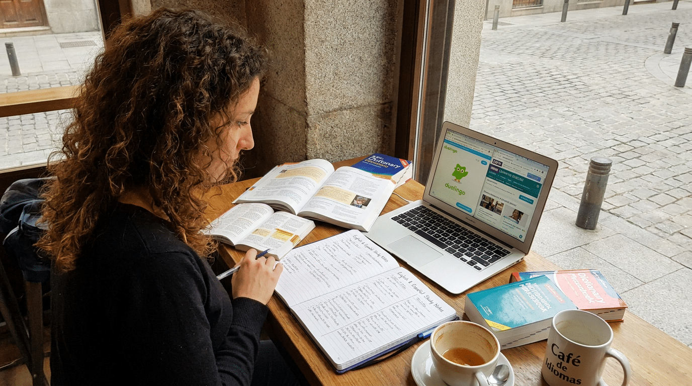 Mulher com cabelo cacheado estuda idiomas com livros, notebook aberto no Duolingo e café em mesa de cafeteria.