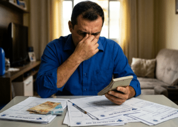 Homem demonstra preocupação enquanto faz contas com calculadora cercado por formulários da declaração de Imposto de Renda