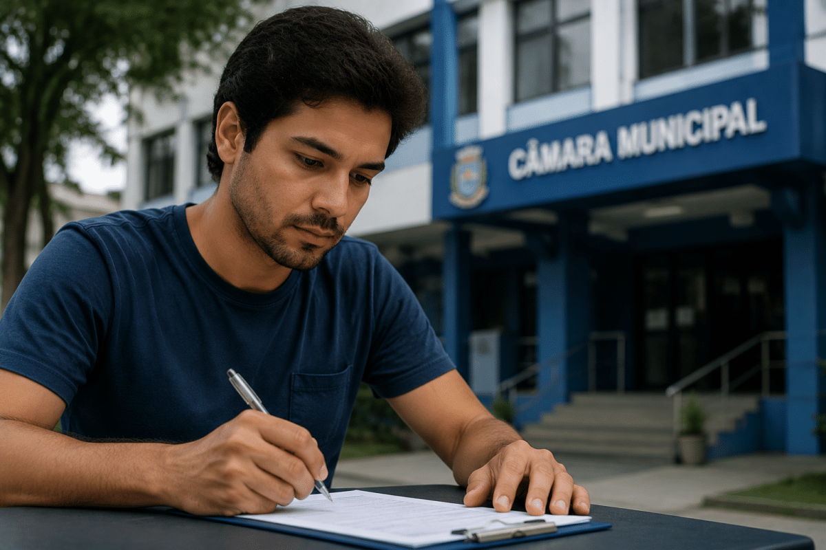Homem de camiseta azul marinho assinando formulário em prancheta diante do prédio da Câmara Municipal.