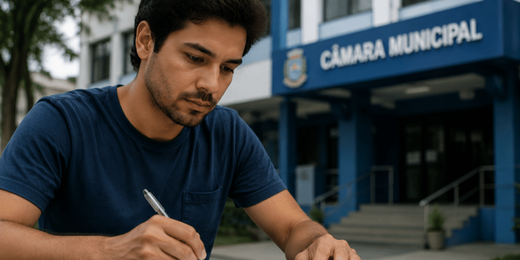 Homem de camiseta azul marinho assinando formulário em prancheta diante do prédio da Câmara Municipal.