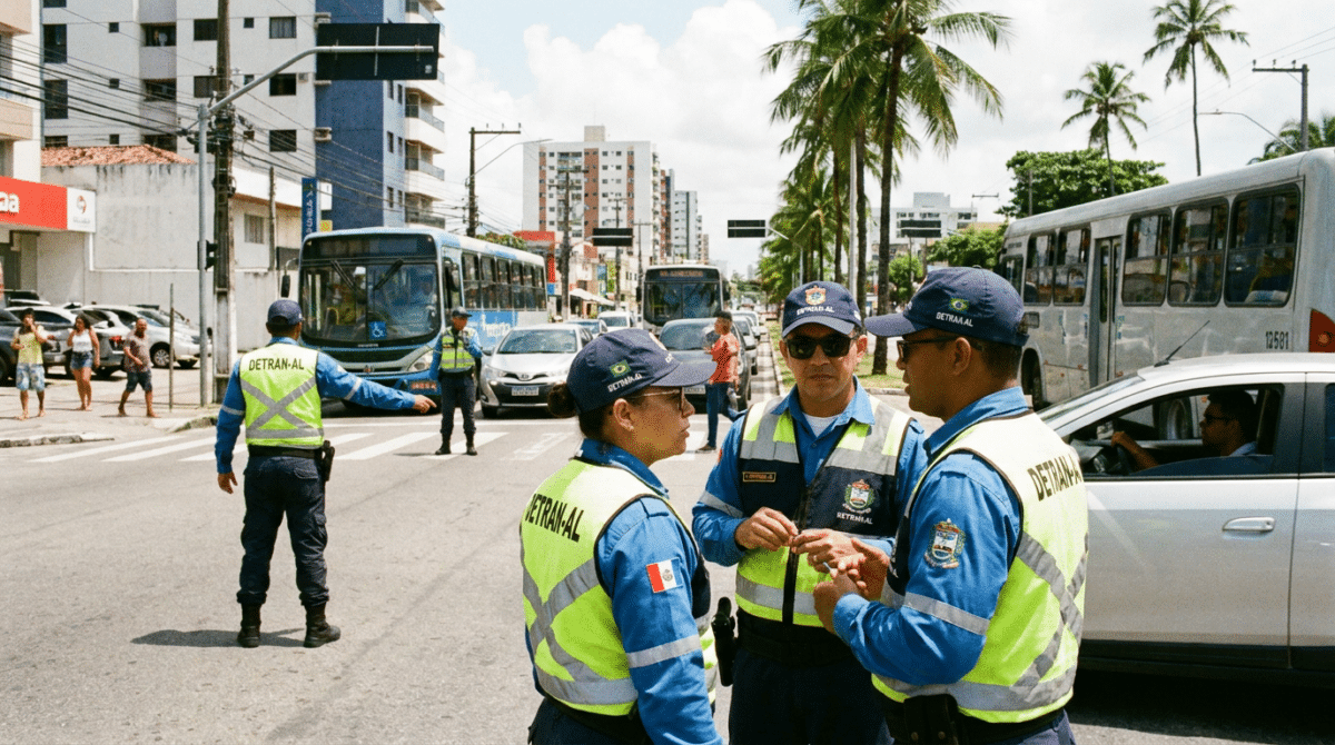 Quatro agentes de trânsito do DETRAN-AL com uniforme azul e colete amarelo, conversam em avenida de Maceió.