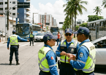 Quatro agentes de trânsito do DETRAN-AL com uniforme azul e colete amarelo, conversam em avenida de Maceió.