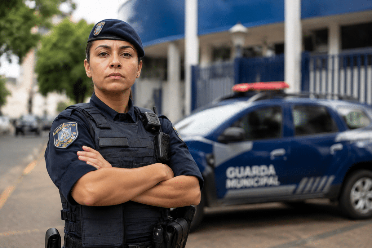 Mulher da Guarda Municipal de braços cruzados, farda azul-marinho e colete tático, viatura azul ao fundo.