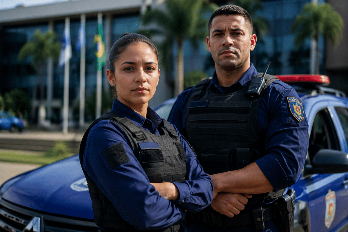 Dois guardas municipais brasileiros de braços cruzados frente a viatura azul, com bandeira do Brasil ao fundo.