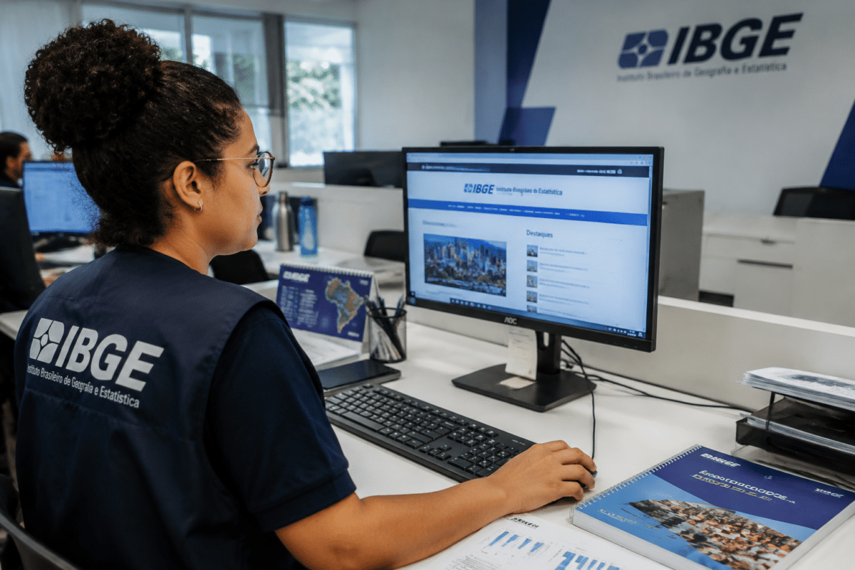 Funcionária do IBGE com colete azul-marinho usa computador acessando site do instituto em escritório com logo na parede.