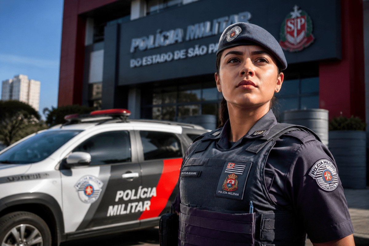 Policial feminina da PMESP usando boina e colete tático posa em frente à viatura e prédio da corporação.