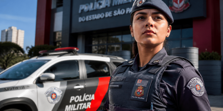 Policial feminina da PMESP usando boina e colete tático posa em frente à viatura e prédio da corporação.