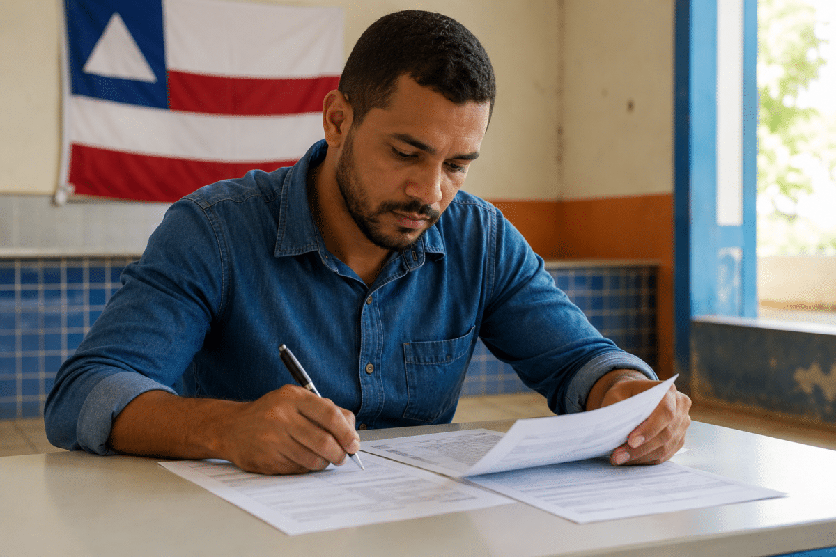 Homem de camisa jeans azul assina documento em mesa branca, com bandeira da Bahia ao fundo em parede bege.