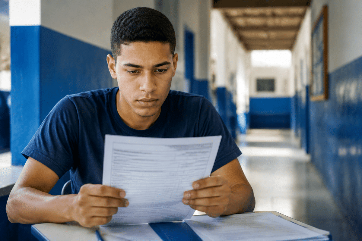 Jovem de camiseta azul-marinho lê documento com atenção sentado em carteira no corredor azul da escola.