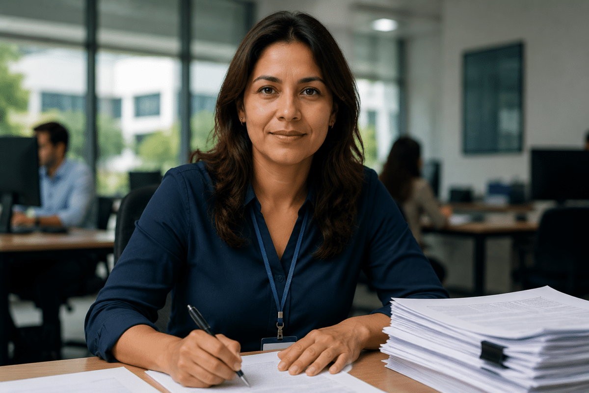 Mulher de camisa azul-marinho com crachá segura caneta sobre documentos em mesa de escritório com colegas ao fundo.