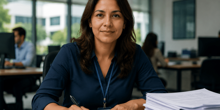 Mulher de camisa azul-marinho com crachá segura caneta sobre documentos em mesa de escritório com colegas ao fundo.