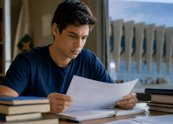 Rapaz de cabelos cacheados escuros e camiseta azul-marinho lê papéis com atenção em mesa com livros empilhados.
