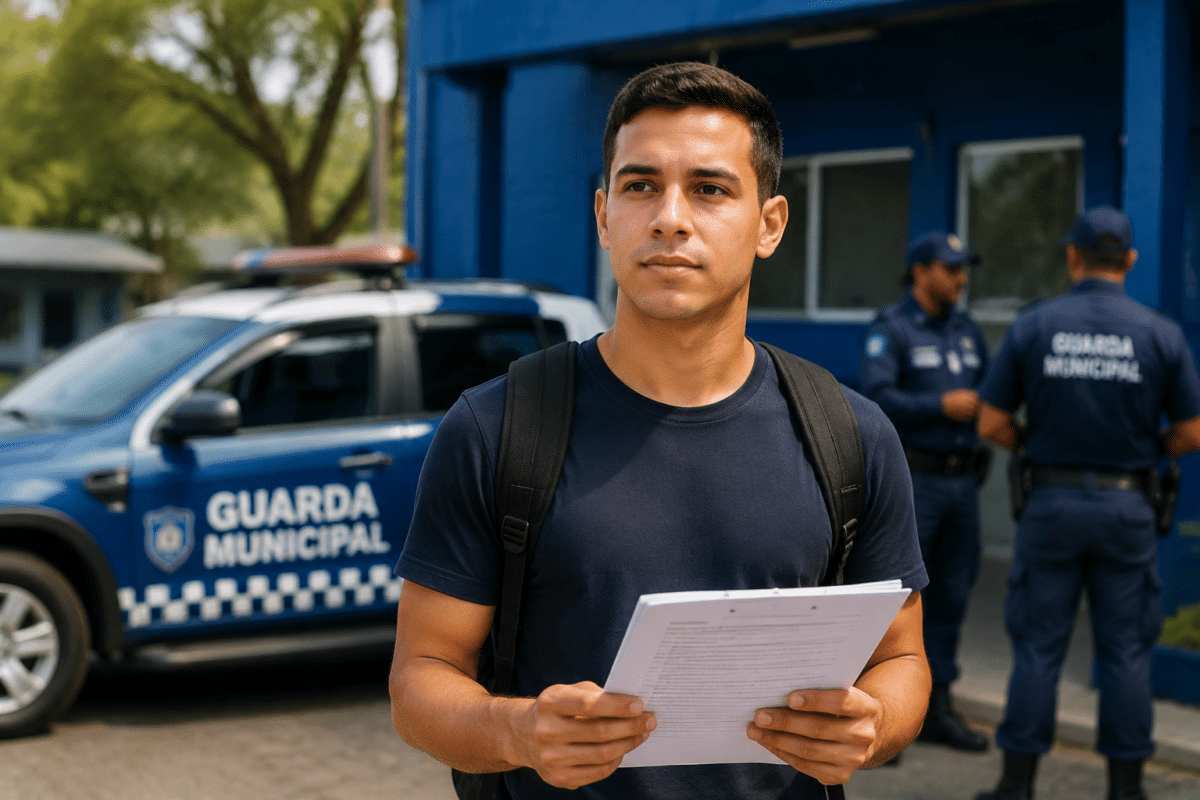 Jovem de camiseta azul com mochila segura papéis diante de viatura e agentes da Guarda Municipal ao fundo.