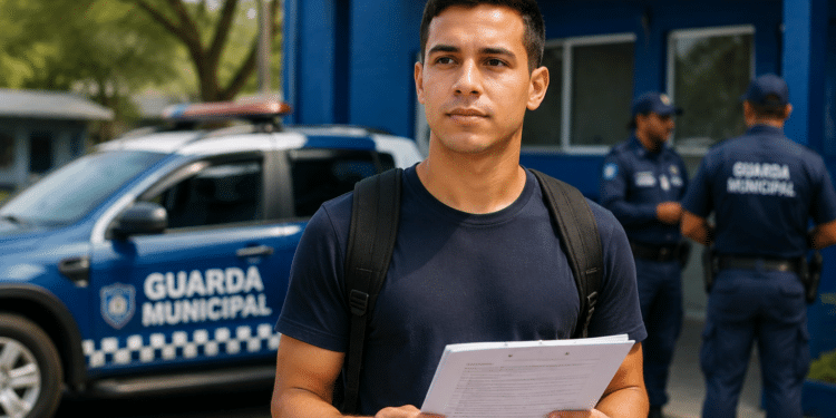 Jovem de camiseta azul com mochila segura papéis diante de viatura e agentes da Guarda Municipal ao fundo.