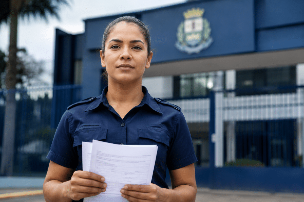 Mulher com uniforme azul marinho da guarda municipal segura documentos em frente a prédio com brasão oficial.