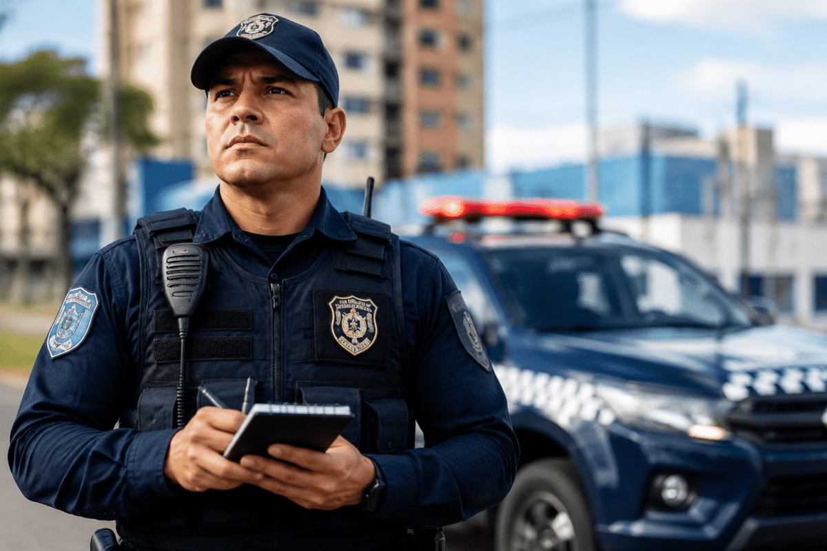 Guarda municipal de boné azul segura bloco de anotações em frente à viatura com giroflex.