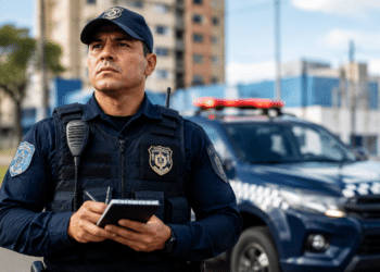 Guarda municipal de boné azul segura bloco de anotações em frente à viatura com giroflex.