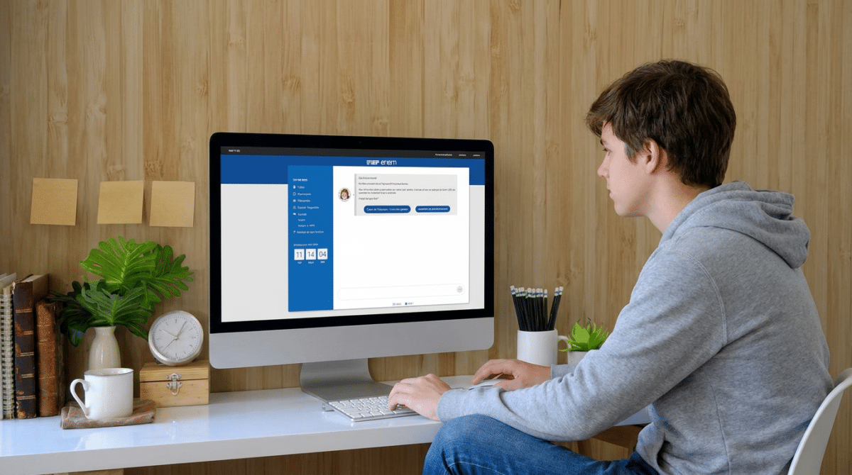 Jovem acessa a Página do Participante do Enem no computador para realizar a confirmação de participação no Enem.
