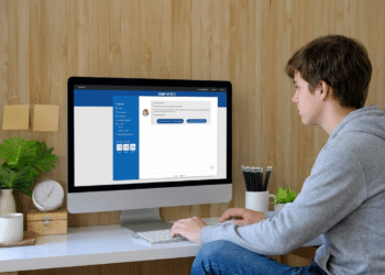 Jovem acessa a Página do Participante do Enem no computador para realizar a confirmação de participação no Enem.