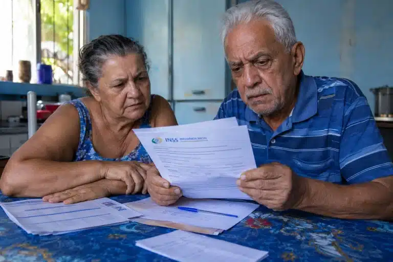 Aposentado e pensionista analisando documentos do INSS, representando a contestação de descontos indevidos no benefício até 20 de junho.
