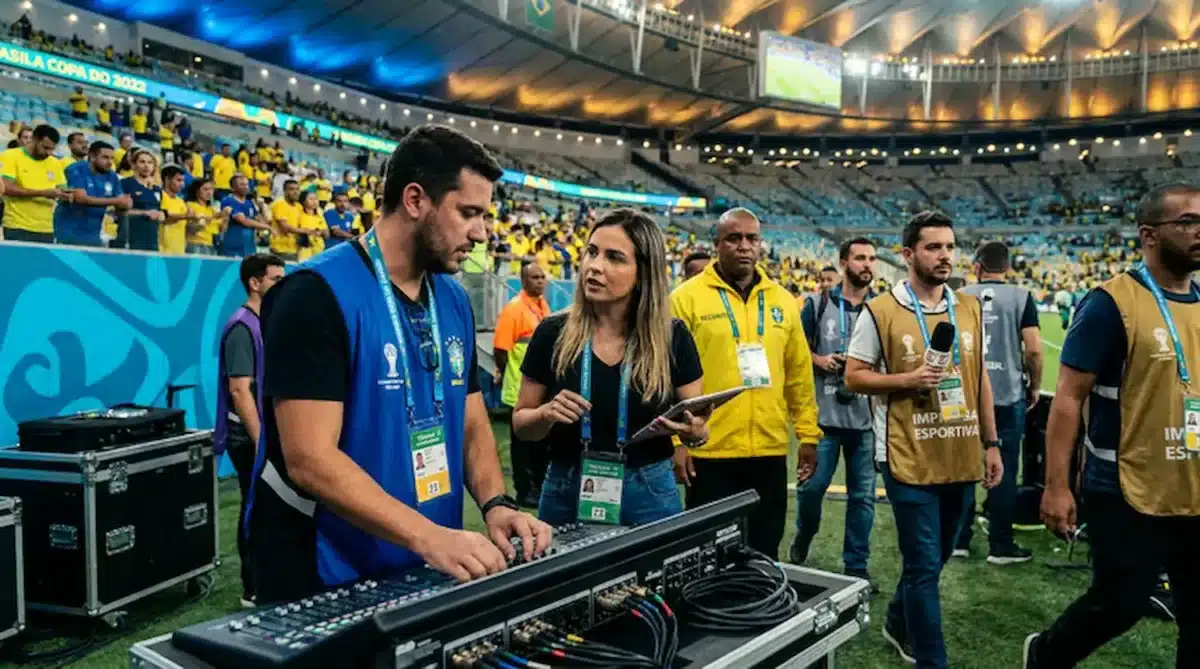 Profissionais nos bastidores da Copa do Mundo ajustando equipamentos de som e coordenando a transmissão do evento.