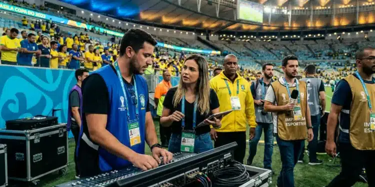 Profissionais nos bastidores da Copa do Mundo ajustando equipamentos de som e coordenando a transmissão do evento.