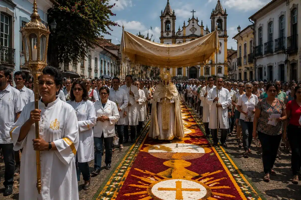 Procissão de Corpus Christi em rua de cidade brasileira, com fiéis caminhando sobre tapetes florais coloridos, representando o feriado em 2026, celebrado em 4 de junho.