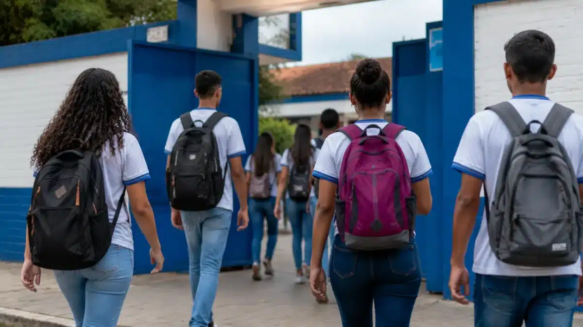 Estudantes indo à escola com mochilas, representando a frequência para receber o incentivo do Pé-de-Meia