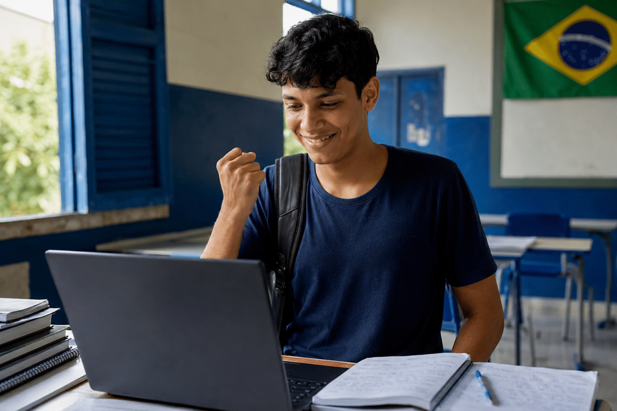 Jovem de camiseta azul marinho celebra com punho cerrado olhando laptop em sala de aula com bandeira do Brasil.