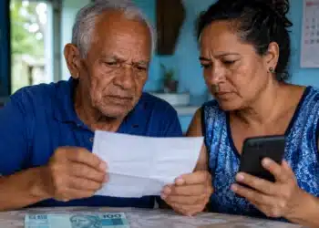 Idoso e mulher de meia-idade conferindo documento e celular em casa, com nota de R$ 100, representando os dois grupos que ainda aguardam o pagamento da segunda parcela do 13º do INSS