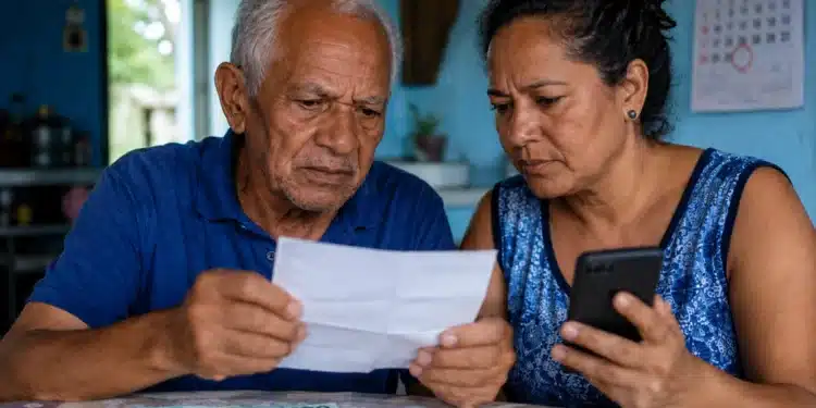 Idoso e mulher de meia-idade conferindo documento e celular em casa, com nota de R$ 100, representando os dois grupos que ainda aguardam o pagamento da segunda parcela do 13º do INSS