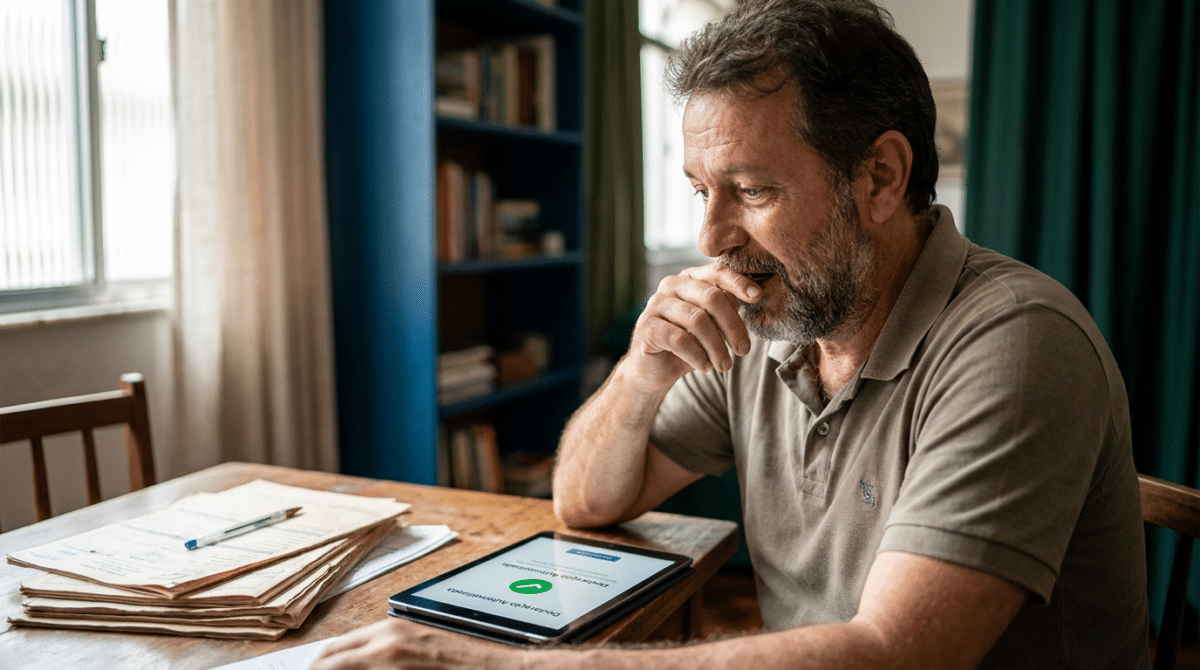 Homem de meia-idade com óculos na cabeça, expressão surpresa, olhando tablet sobre mesa com papéis amassados e documentos.