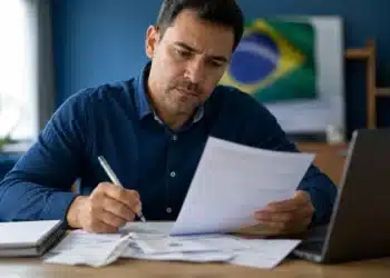 Homem brasileiro revisando documentos do Imposto de Renda 2026 enquanto utiliza o computador, representando a correção de dados enviados à Receita Federal.