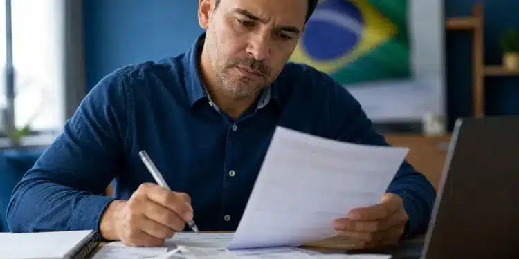 Homem brasileiro revisando documentos do Imposto de Renda 2026 enquanto utiliza o computador, representando a correção de dados enviados à Receita Federal.