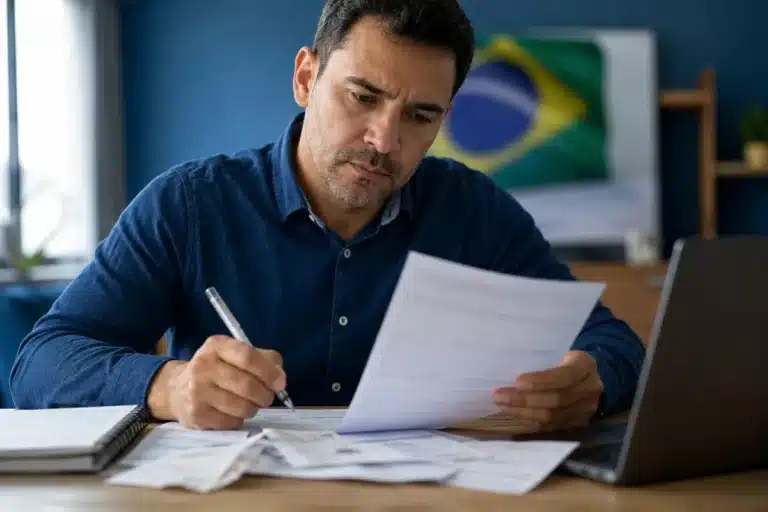 Homem brasileiro revisando documentos do Imposto de Renda 2026 enquanto utiliza o computador, representando a correção de dados enviados à Receita Federal.