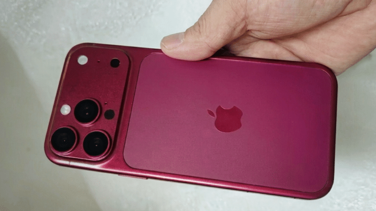 Mão segurando iPhone na cor vinho/burgundy com módulo de câmera tripla e logo da Apple visível.