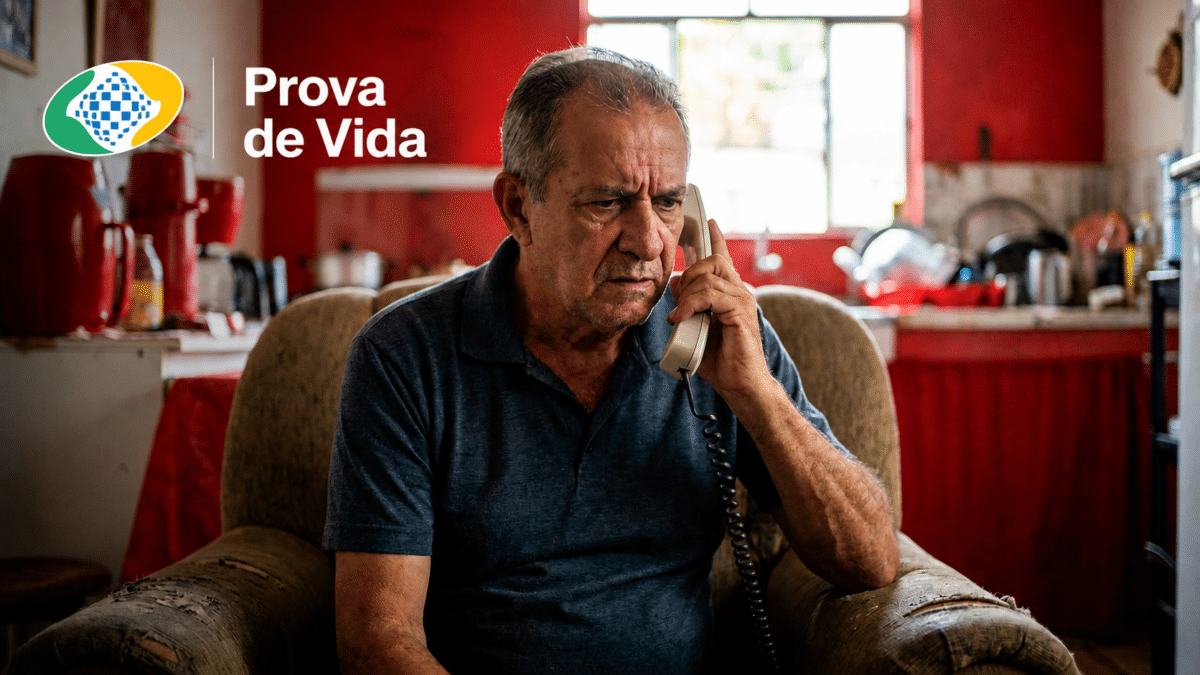Idoso preocupado atende ligação em telefone fixo, representando o golpe da Prova de Vida do INSS aplicado por telefone.