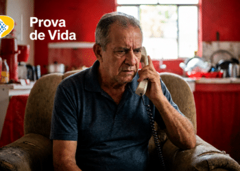 Idoso preocupado atende ligação em telefone fixo, representando o golpe da Prova de Vida do INSS aplicado por telefone.