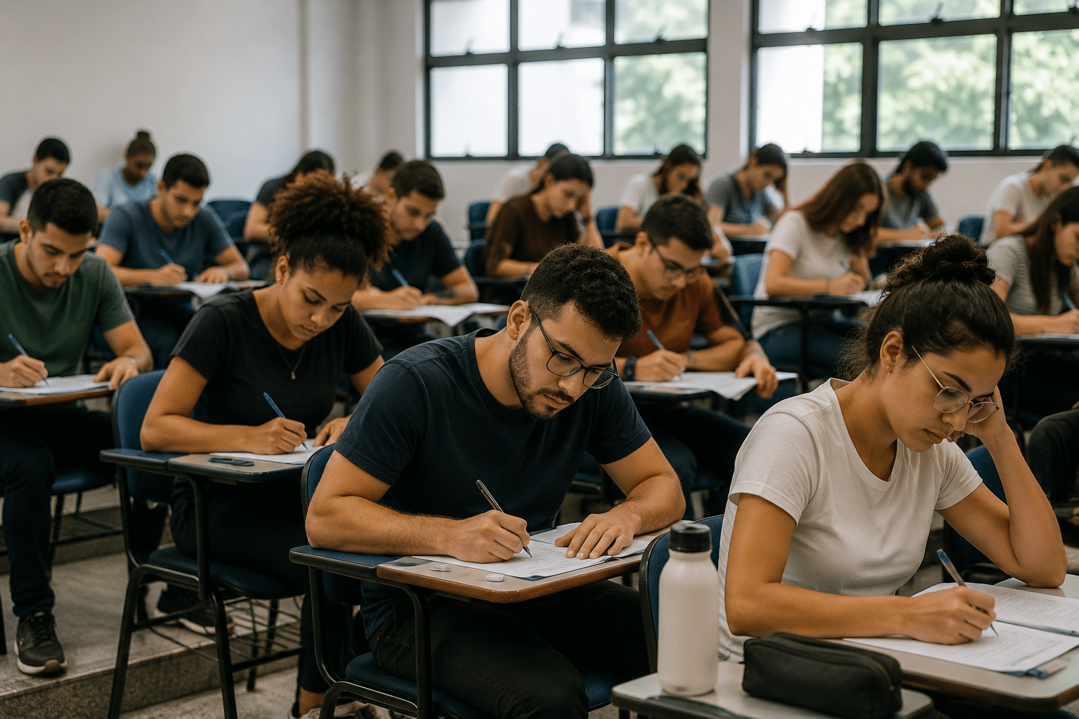 Jovens em carteiras universitárias escrevem prova com canetas, em sala ampla com janelas e luz natural.