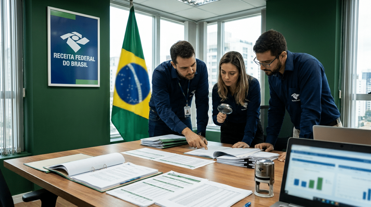 Equipe da Receita Federal analisa documentos e planilhas com lupa em escritório com bandeira do Brasil