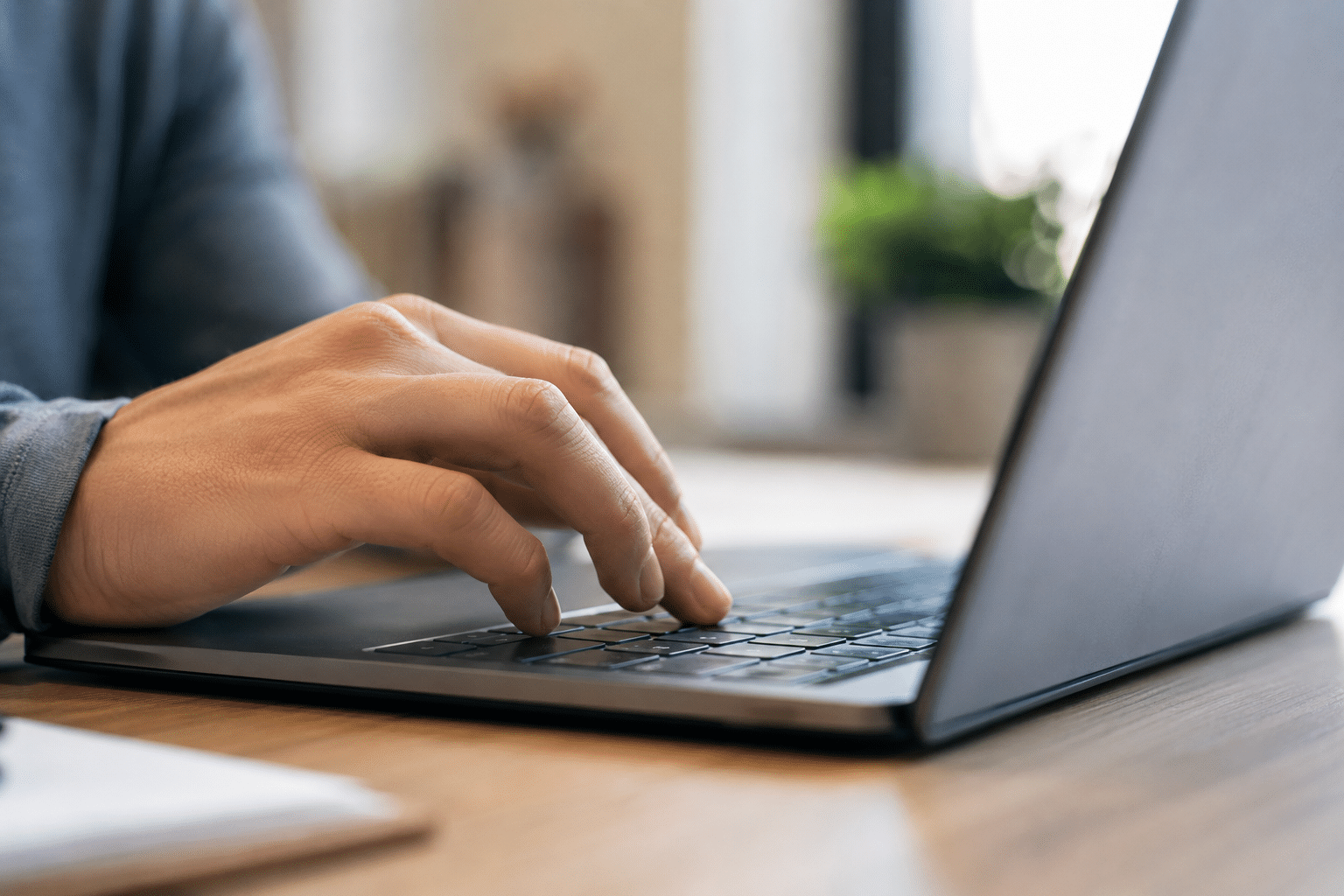 Mão masculina com manga azul digitando no teclado de notebook cinza em mesa de madeira com planta ao fundo.