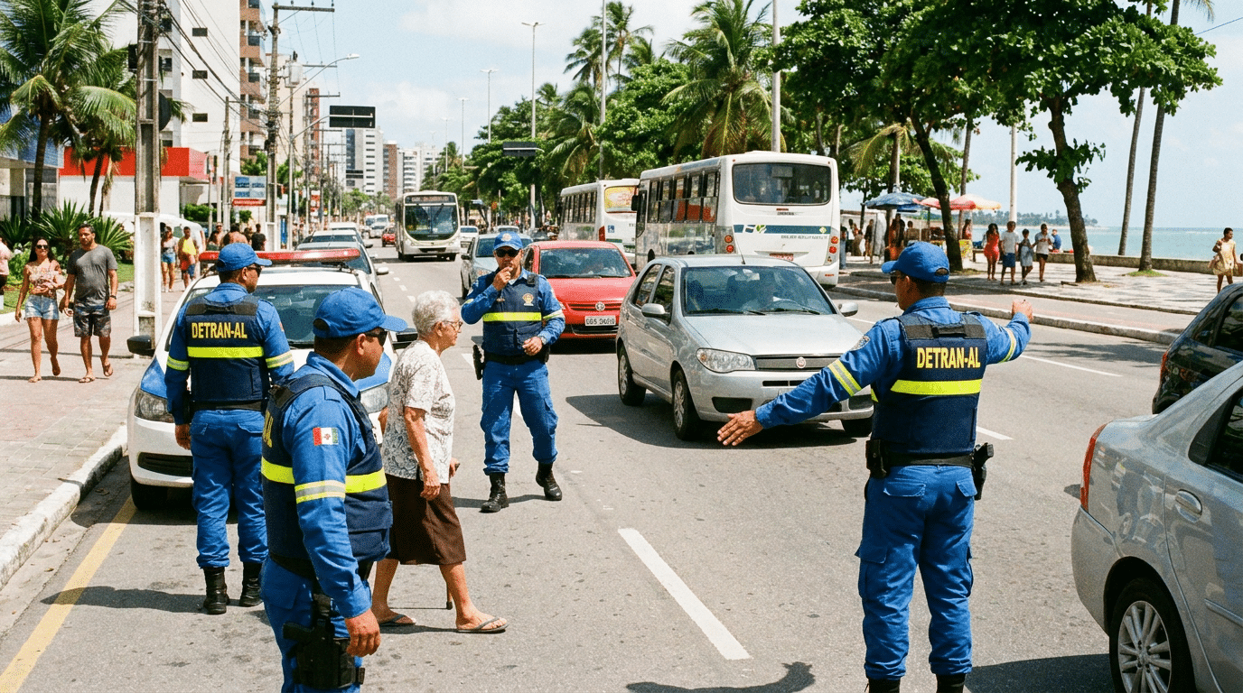 Quatro agentes do DETRAN-AL com uniforme azul organizam tráfego em avenida litorânea de Maceió, com coqueiros e praia ao fundo.