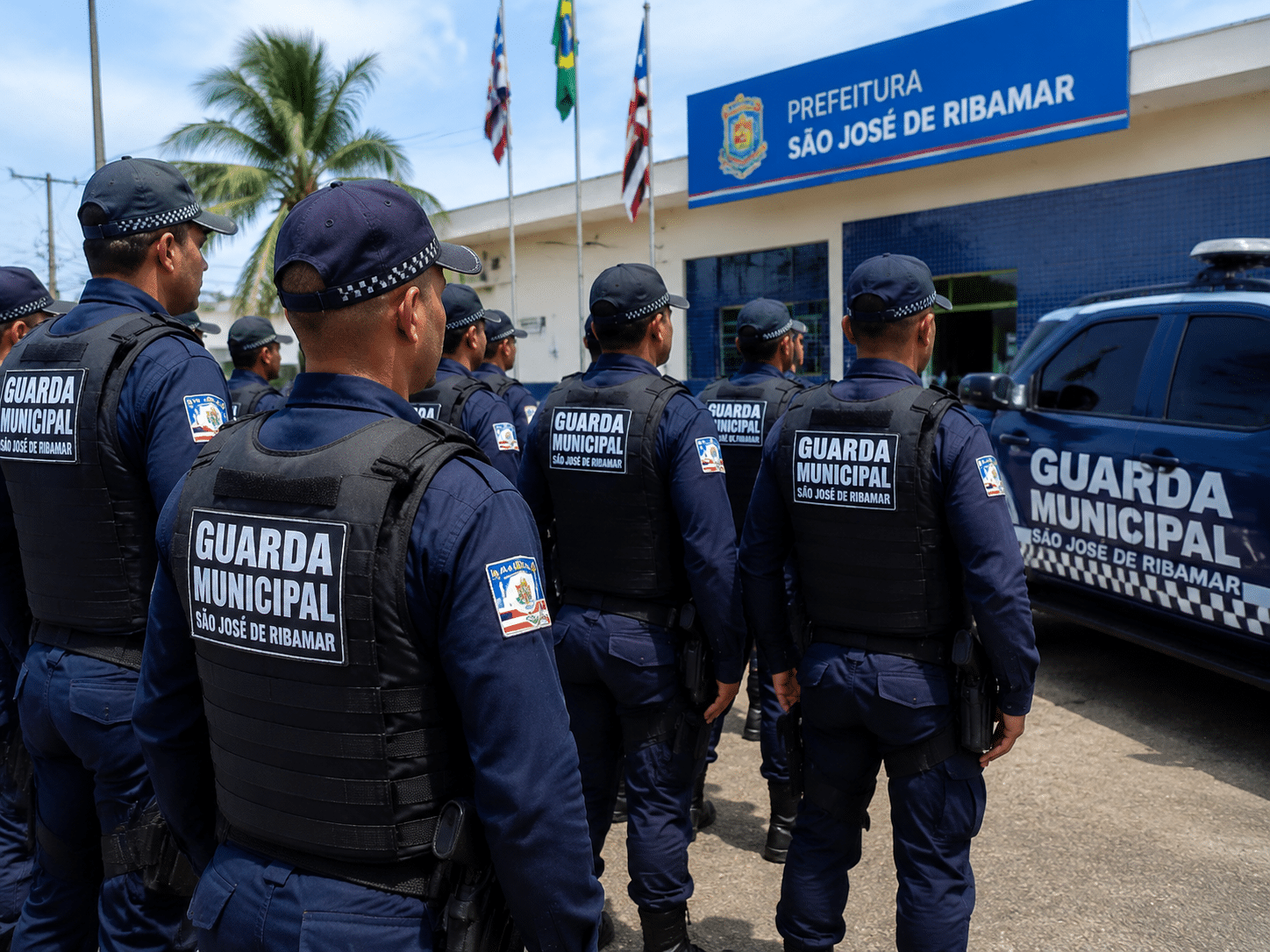Guardas municipais de São José de Ribamar enfileirados usando coletes táticos azuis e bonés em frente à sede da Prefeitura.
